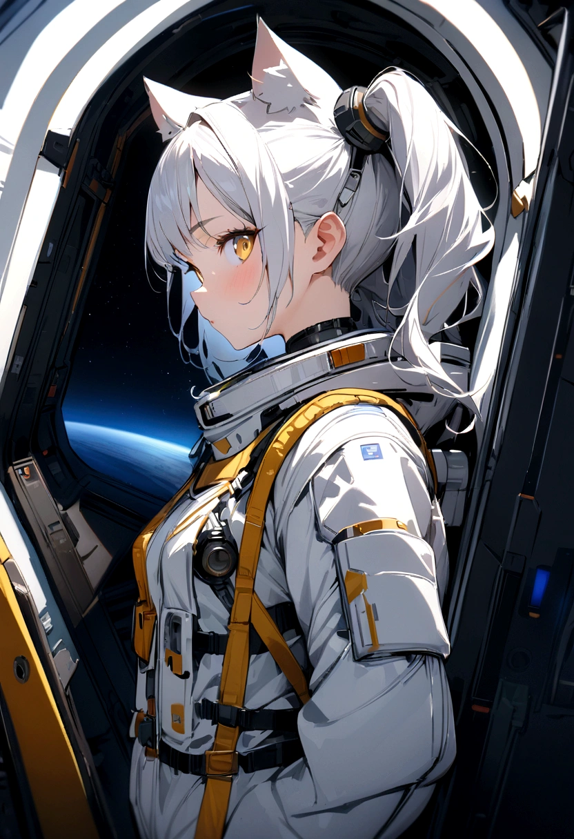 masterpiece, best quality, 1girl, spacecraft interior, spacesuit, upper body, from side, science fiction, yellow eyes, twintails, silver hair, cat ears, looking at viewer,