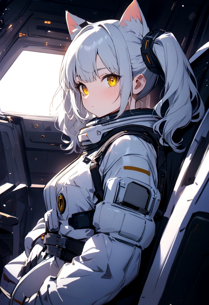 masterpiece, best quality, 1girl, spacecraft interior, spacesuit, upper body, from side, science fiction, yellow eyes, twintails, silver hair, cat ears, looking at viewer,