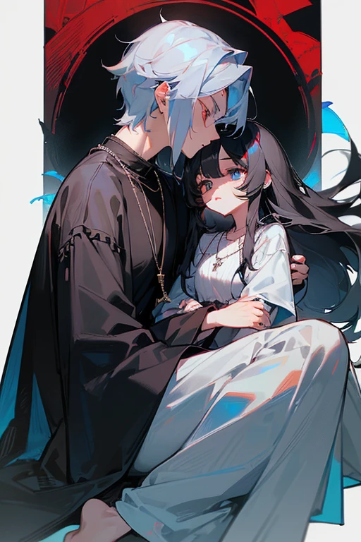 ((1 Female, Long black hair,Blue eyes cross necklace、Cute beautiful girl、blue eyes)), ((1 Male, Slightly longer short grey hair, Red Eye, Cold-blooded man、Handsome、Red eyes)), Sit on my lap and cuddle, kiss, Side view