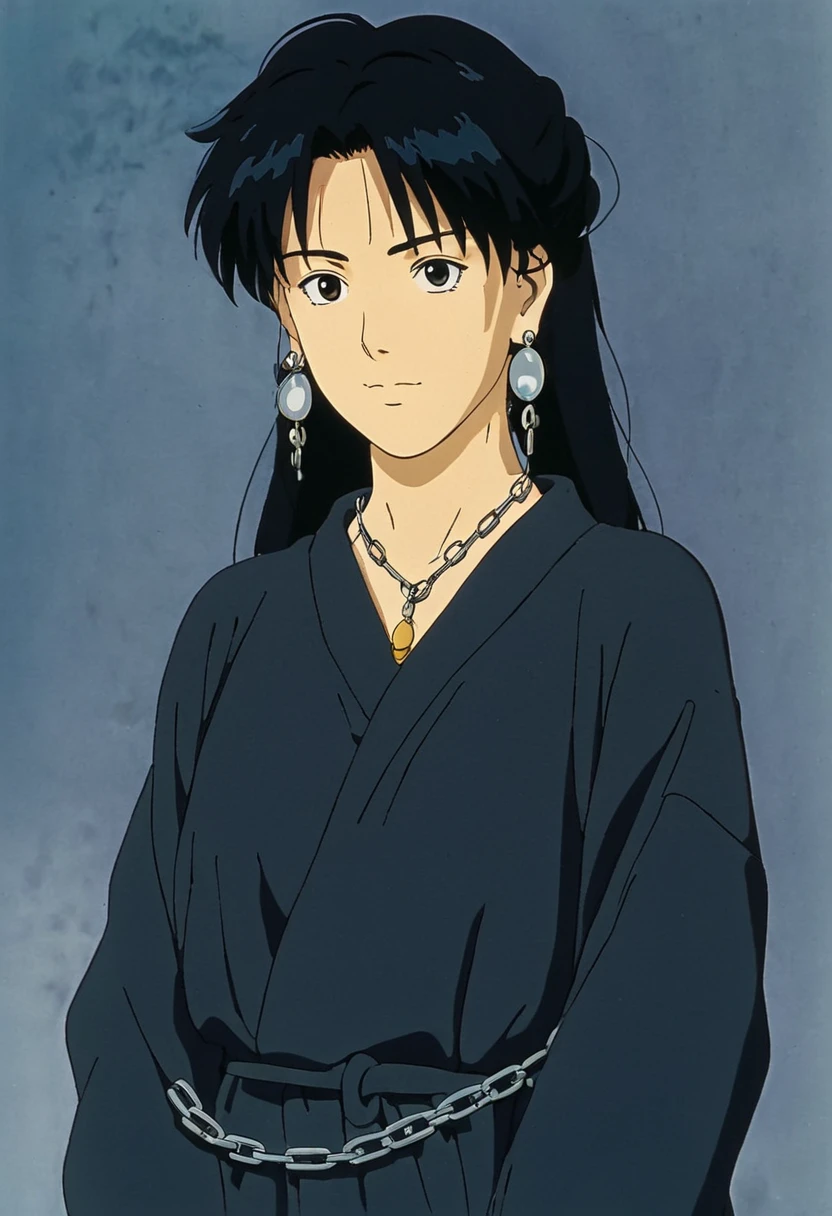 A Ghibli's studio character. With messy black hair and dark large clothes. she wear very noticeable earrings. She is chained 