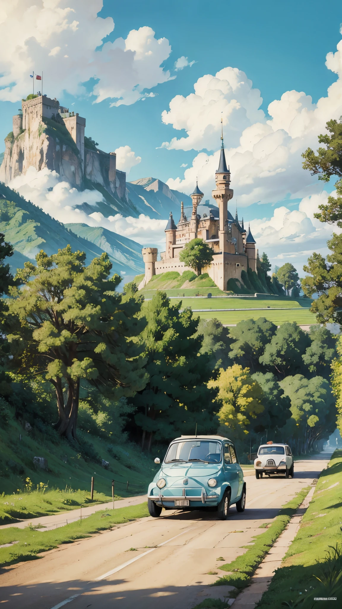 (masterpiece:1.2, Highest quality),(Very detailed),(((Anime Style))),8k,wallpaper,Fiat 500,Run,Castle of Cagliostro,blue sky,(((Ghibli style)))