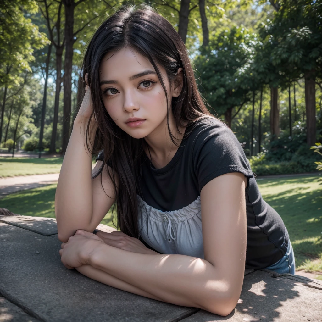 Uma mulher sentada em um banco de parque observando a paisagem, Use a Nikon D850 DSLR 4k camera with 200mm lens and dramatic lighting