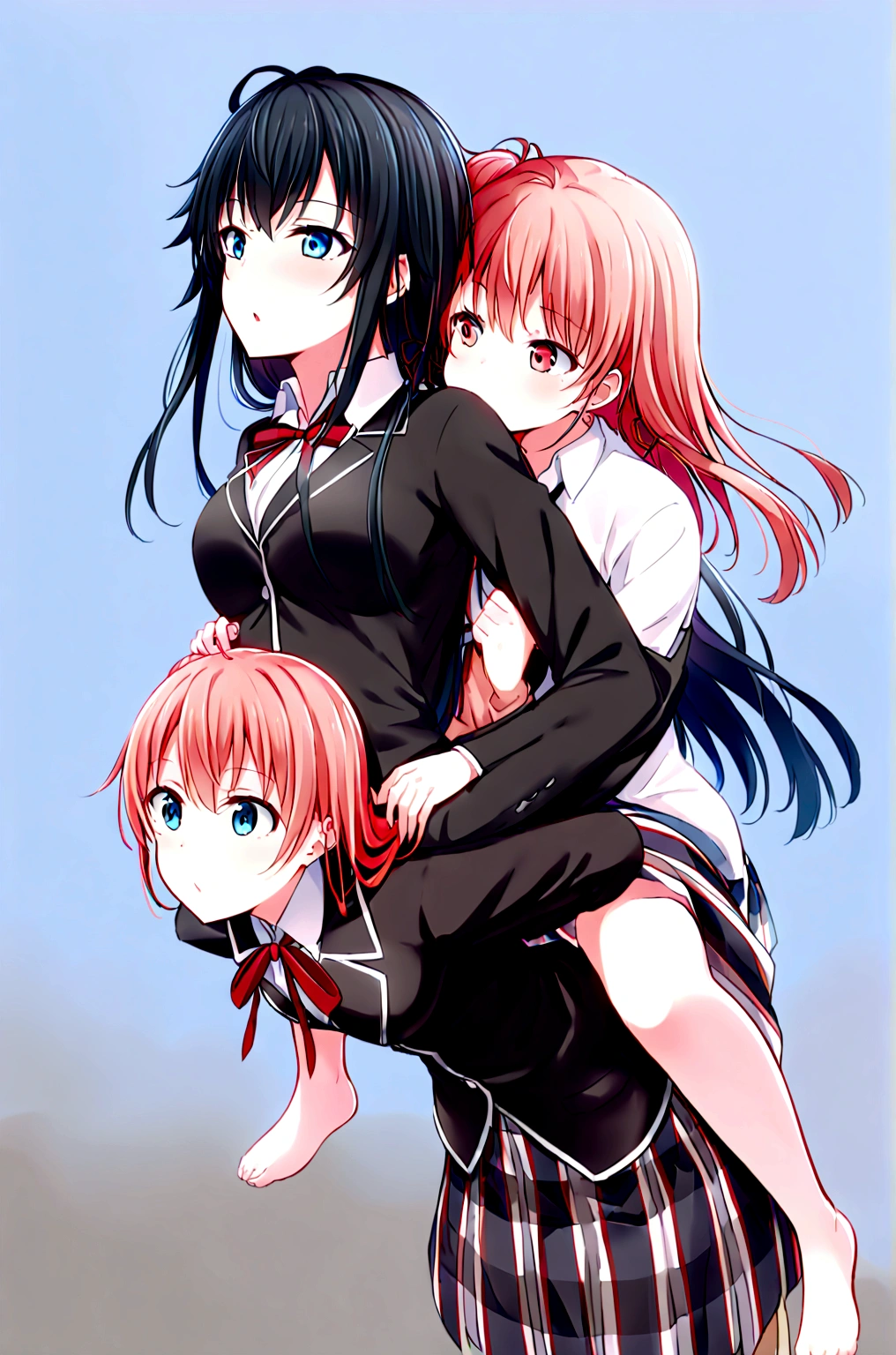 2 grils   Yuigahama Yui giving yukino yukinoshita piggyback ride, Yukinoshita Yukino in the bottom blue eyes black long hair piggyback ride, size difference, yukino Yukinoshita, 