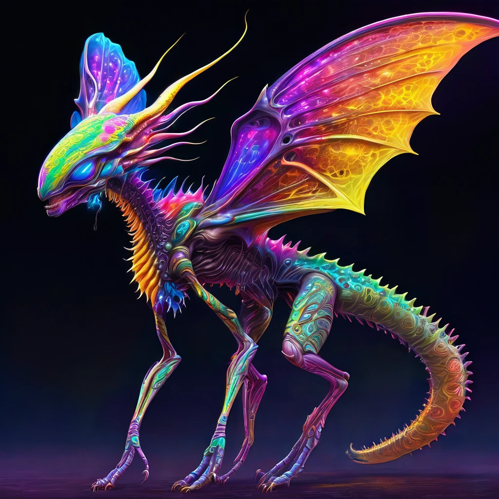 a small bizarre and strange looking brightly coloured alien. Showing the entire, highly detailed body from the side. The entire picture is full of details. Strange alien landscapes in the background. Big detailed wings and sharp teeth and fangs. a sharp abdominal stinger. tentacles and antennas and multiple eyes. long spiky legs. Scaley segmented body. Hypnotic and telepathic and psychedelic looking.