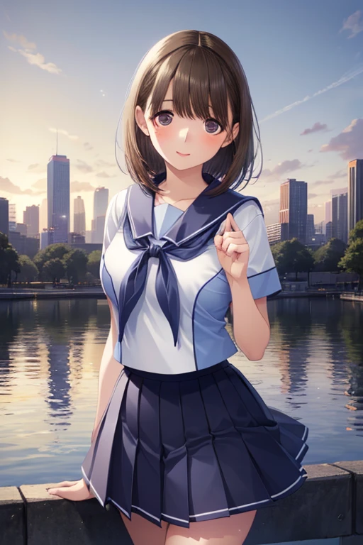 Highest quality、High resolution、Detailed Background、(Beautiful face in every detail:1.4)、Detailed facial expressions、Anatomically correct、Teenage beauty、(Huge breasts:1.2)、cute hair color、Braided Bob、Braided Ponytail、cute hairstyle、Perfect body line、Attractive thighs、Cute gestures、Tokyo Sky Tree、A big smile、smile、cute、
White Sailor Suit、White sailor collar、Pleated mini skirt、White Stockings、
squat down、I can see my underwear when I squat down、Panty shot、
(A girl squatting playfully with a landmark in the background:1.5)
