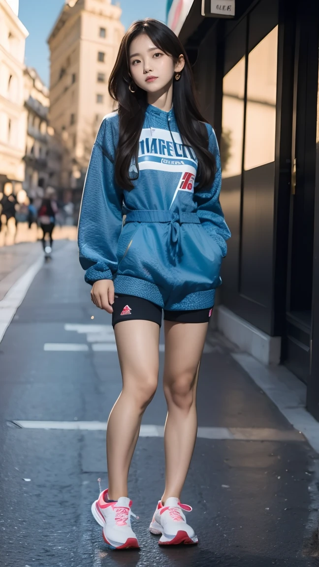 Best quality,masterpiece,16k,A girl,Wear sportswear,Squat on the street,