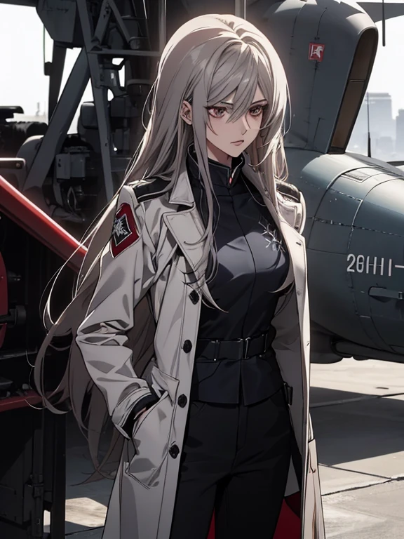 (Confused, High resolution, Very detailed), 1 female, Silver Hair,Long Hair,Reddish brown eyes,Red and black pilot suit,White long coat,Navy blue skinny pants,24th generation,beauty,mature,thin,quiet,Calm,Hangar,talk,Intimidation,Unpleasant,Annoying,White long coat,