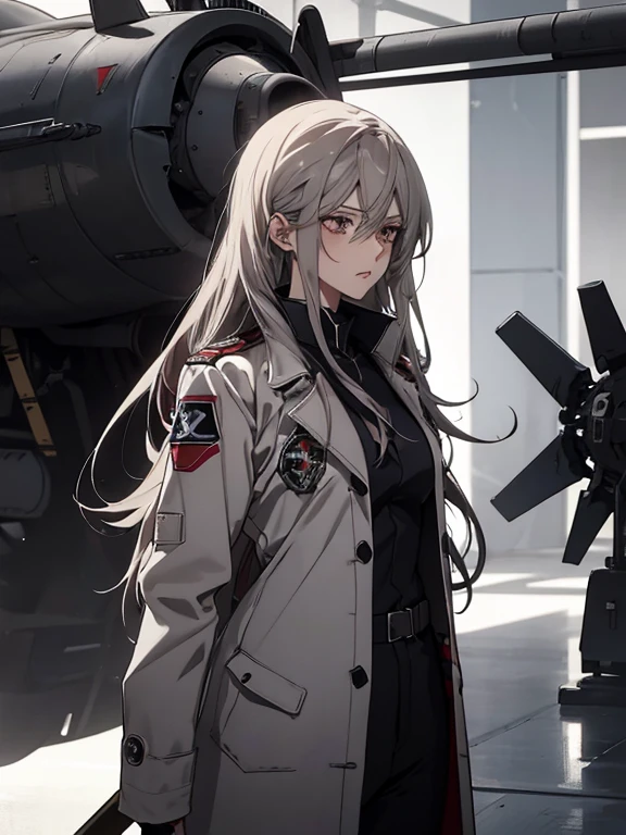 (Confused, High resolution, Very detailed), 1 female, Silver Hair,Long Hair,Reddish brown eyes,Red and black pilot suit,White long coat,Navy blue skinny pants,24th generation,beauty,mature,thin,quiet,Calm,Hangar,talk,Intimidation,Unpleasant,Annoying,White long coat,