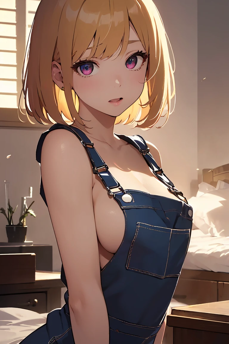 masterpiece, absurdres, best quality, ultra detailed, high Resolution, detailed illustration, bright colour, (extremely beautiful detailed face and eyes, Delicate beautiful face, 1 girl, cute face:1.3), (magenta eyes:1.1), sparkling eyes, big eyes, medium , (perky breasts(pointy breasts:1.1), hips, glamorous body, white skin, BREAK, long bob cut, (blonde hair:0.8), messy hair, detailed hair, shiny hair, BREAK (overalls, down blouse, Sideboob:1.3), perfect lighting, (embarrassed:1.3), (ecstasy, vulgarity:1.embling:0.8), full body,
