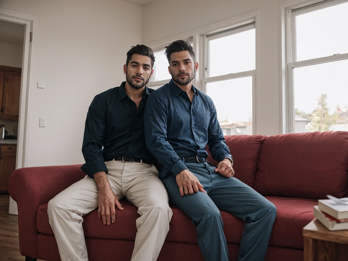 shot by Sony a7 IV Mirrorless Camera, natural light, analog film photo, Kodachrome , handsome men ,Long sleeve shirt and loose pants .sofa
