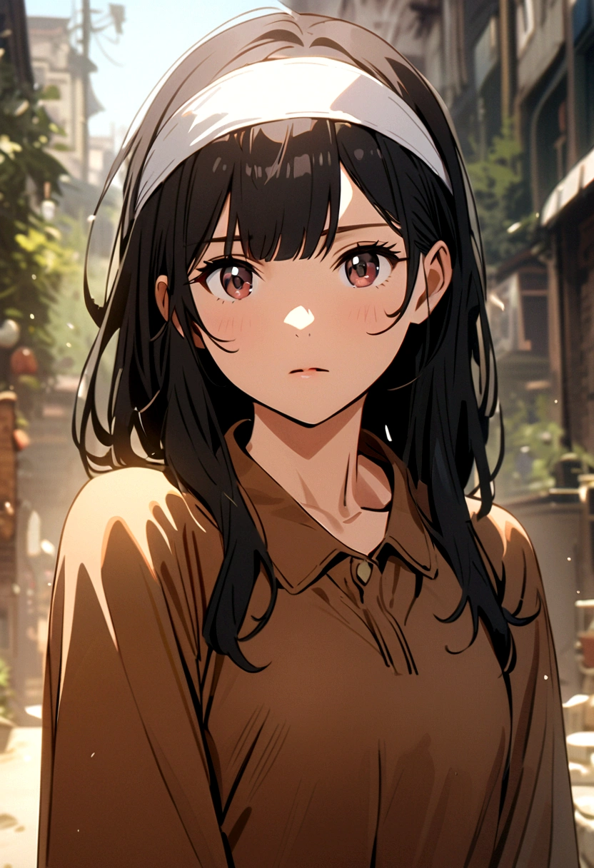 A beautiful girl with long black hair with bangs wearing a brown polo and blue skirt and a white headband over her head