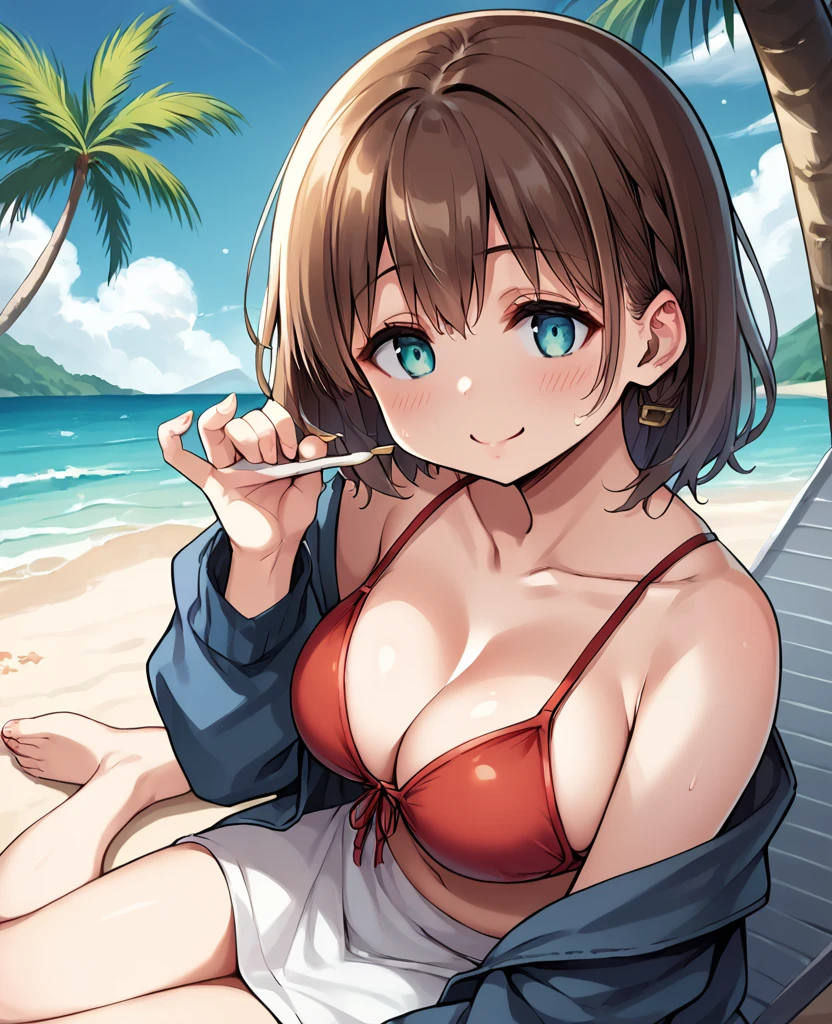 high resolution、Best Quality、detailed、score_9, score_8_superior, score_7_superior, score_6_superior, sauce_anime, Break 1 Girl, alone, Ai-chan, Brown Hair, Cyan eyes, Braiding, Large Breasts, Red Bikini, Beach, Happy, blush, close your eyes, Palm tree, barefoot, Sitting