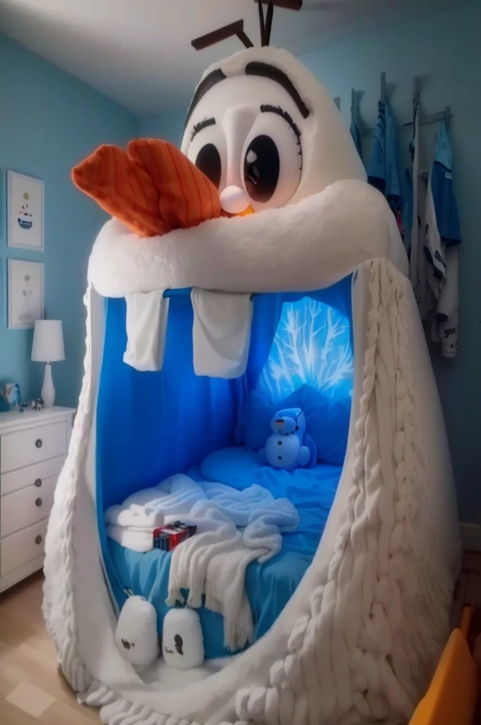 a close up of a cama with a snowman head on it, cama, miniatura do youtube, inside a child's camaroom, cama is not made, in a camaroom!!!!!!!!!!!!!!!!!!!!, with a bunk cama, congeladas, 🕹️ 😎 🔫 🤖 🚬, inspirado em Olaf Rude, large comfy cama, childs camaroom, in the camaroom at a sleepover
