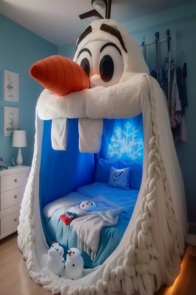 a close up of a cama with a snowman head on it, cama, miniatura do youtube, inside a child's camaroom, cama is not made, in a camaroom!!!!!!!!!!!!!!!!!!!!, with a bunk cama, congeladas, 🕹️ 😎 🔫 🤖 🚬, inspirado em Olaf Rude, large comfy cama, childs camaroom, in the camaroom at a sleepover