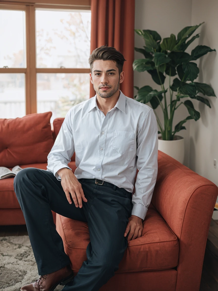 shot by Sony a7 IV Mirrorless Camera, natural light, analog film photo, Kodachrome , handsome men ,Long sleeve shirt and loose pants .sofa
