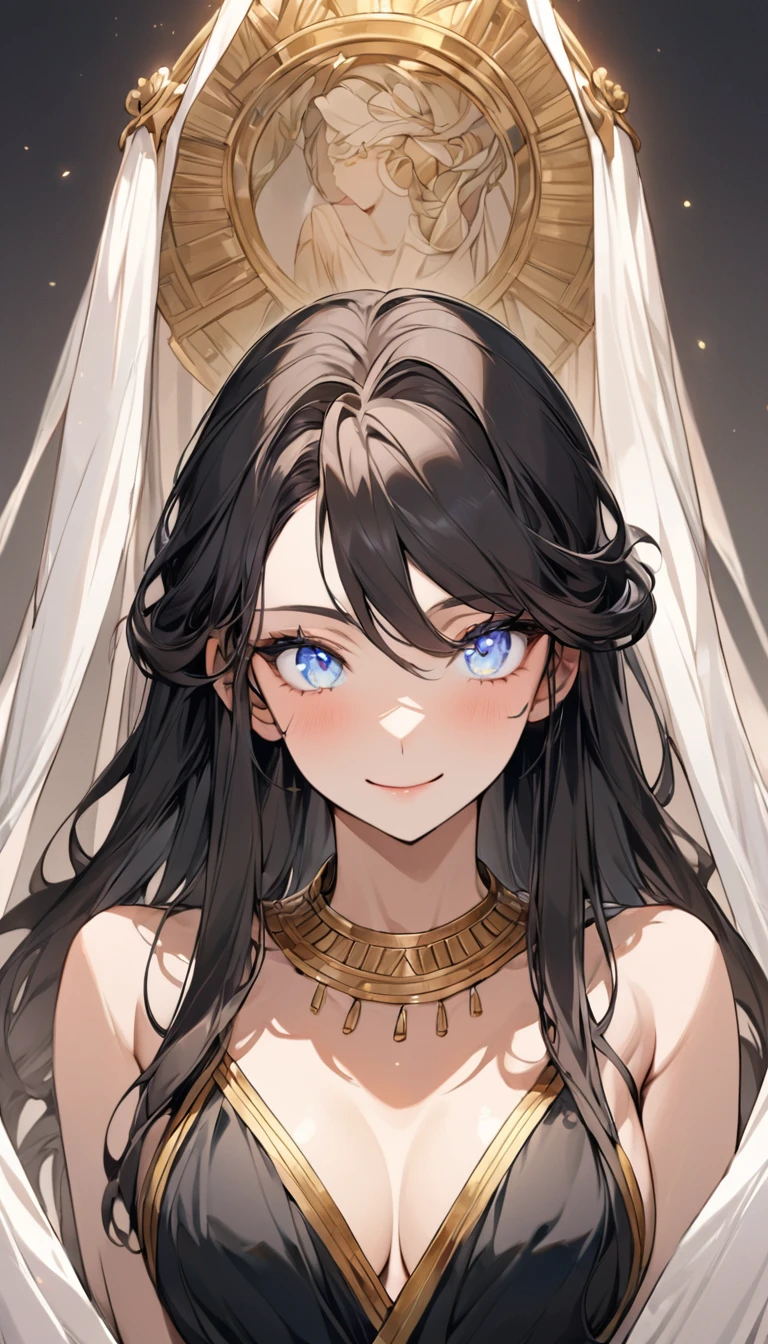 (high-quality, breathtaking),(expressive eyes, perfect face) 1girl, female, solo, young adult, dark color hair, tanned skin, pale light blue eye color, long hair length, black dress with gold trim, tunic, Greek Goddess, Ancient Greek Dress, Greek Clothes, Symmetrical Eyes, positive expression, elegant, mature, beautiful, soft smile, SunsetHuman, collar, grey background, white skin, long dark hair, beautiful face,smiling,close up upper body, moderate breast, (open mouth:0.4),illustration,detailed textures(realists),ultra-detailed,portrait style,vivid colors,soft lighting, blushing, mature, no bras, full body, white skin