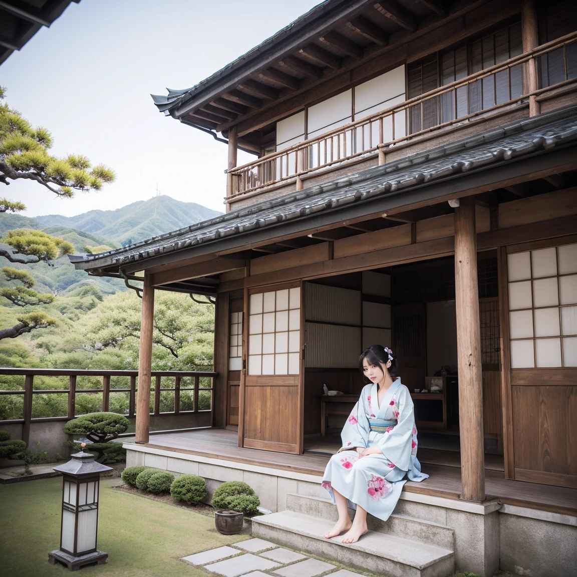 ((最high quality, 8k, masterpiece: 1.3, Ultra HD, high quality, 最high quality, High resolution, realism)) 、Beautiful Japan woman at 22 years old、Straight hair、smile、Slender body、Wear accessories on your wrist、Sitting on the balcony of a Japanese house in the countryside of Japan、Sleeping on your back、summer、Wind chimes are hanging from the eaves.、barefoot、fan、In front of the balcony is a courtyard.、wear a Yukata