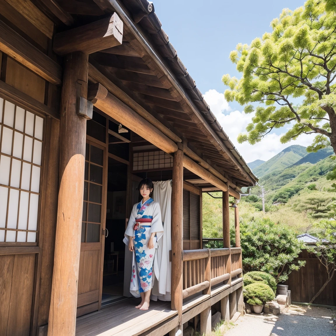 ((最high quality, 8k, masterpiece: 1.3, Ultra HD, high quality, 最high quality, High resolution, realism)) 、Beautiful Japan woman at 22 years old、Straight hair、smile、Slender body、Wear accessories on your wrist、Sitting on the balcony of a Japanese house in the countryside of Japan、Sleeping on your back、summer、Wind chimes are hanging from the eaves.、barefoot、fan、In front of the balcony is a courtyard.、wear a Yukata