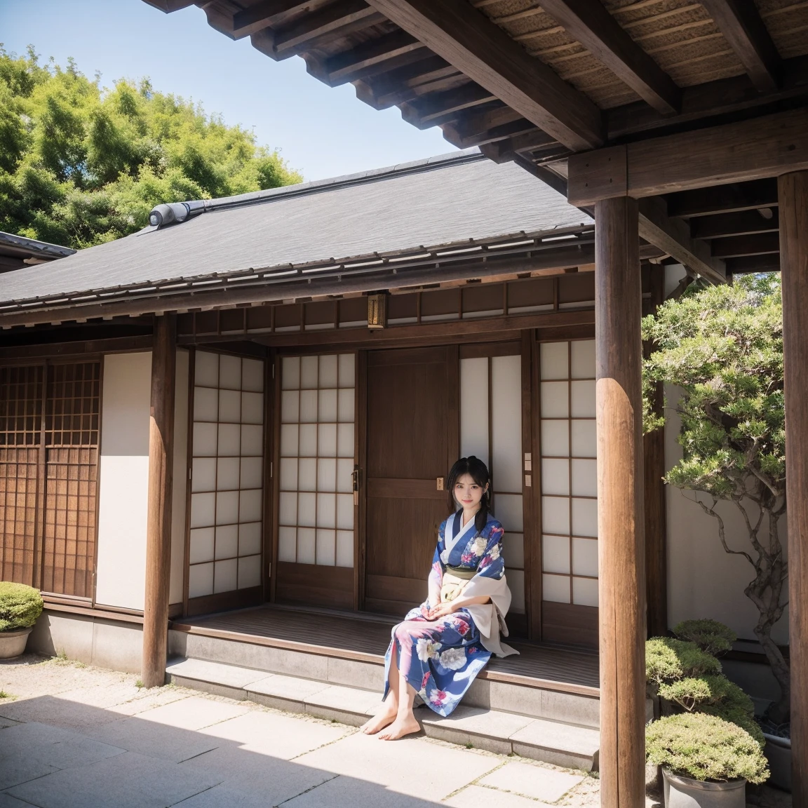 ((最high quality, 8k, masterpiece: 1.3, Ultra HD, high quality, 最high quality, High resolution, realism)) 、Beautiful Japan woman at 22 years old、Straight hair、smile、Slender body、Wear accessories on your wrist、Sitting on the balcony of a Japanese house in the countryside of Japan、Sleeping on your back、summer、Wind chimes are hanging from the eaves.、barefoot、fan、In front of the balcony is a courtyard.、wear a Yukata