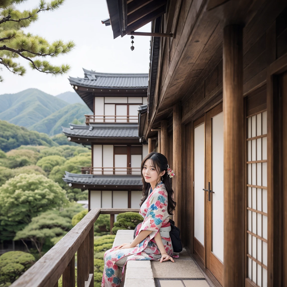 ((最high quality, 8k, masterpiece: 1.3, Ultra HD, high quality, 最high quality, High resolution, realism)) 、Beautiful Japan woman at 22 years old、Straight hair、smile、Slender body、Wear accessories on your wrist、Sitting on the balcony of a Japanese house in the countryside of Japan、Sleeping on your back、summer、Wind chimes are hanging from the eaves.、barefoot、fan、In front of the balcony is a courtyard.、wear a Yukata