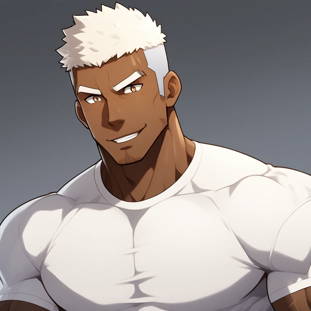 negro，negro，negro，anime characters：Gyee, Fitness coach, negro black skin, 1 muscular tough guy, Manliness, male focus, Cream White Sleeveless Tight T-Shirt, Very tight, The pectoral muscles are oversized, Slightly transparent, muscular male, muscular, only, Upper body, alone, White short hair, Thick eyebrows, stubble, Brown eyes, Grey background, simple background, amazing quality, best aesthetics, Ridiculous, bright pupils, crew cut, parted lips, seductive smile, torogao, naughty face, drop shadow, best quality