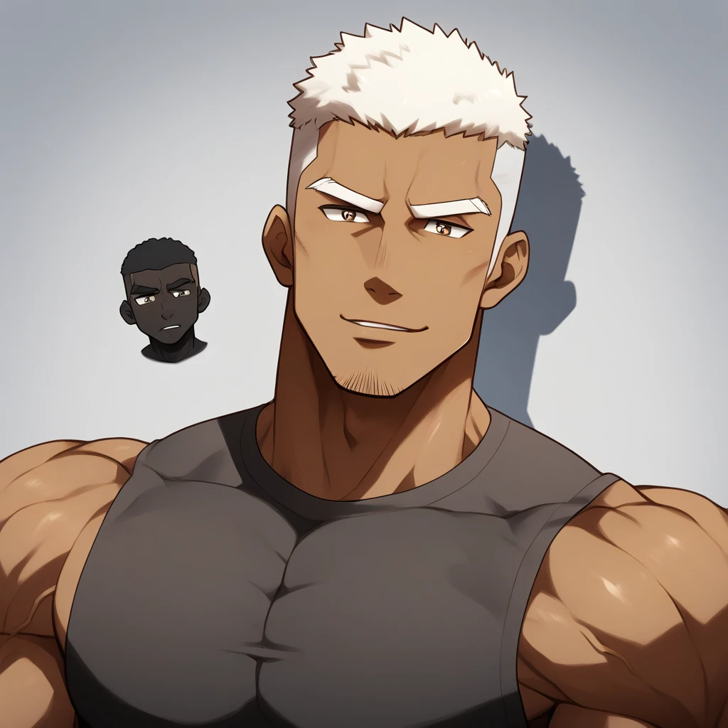 negro,negro,negro,anime characters:Gyee, Fitness coach, negro black skin, 1 muscular tough guy, Manliness, male focus, Cream White Sleeveless Tight T-Shirt, Very tight, The pectoral muscles are oversized, Slightly transparent, muscular male, muscular, only, Upper body, alone, White short hair, Thick eyebrows, stubble, Brown eyes, Grey background, simple background, amazing quality, best aesthetics, Ridiculous, bright pupils, crew cut, parted lips, seductive smile, torogao, naughty face, drop shadow, best quality
