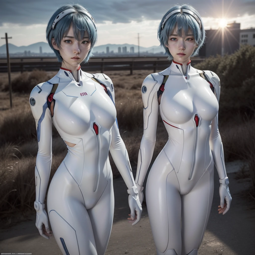 Rei Ayanami, recognized by her short blue hair and red eyes, stands in a city landscape under the soft glow of the sun filtered through clouds. She breaks the fourth wall, posing in a Cowboy Shot, her hands perfectly portrayed in a highly detailed CG. Her Plug Suit, a white bodysuit, is intricately designed and beautifully detailed, showcasing anatomical perfection. The suit, though broken, retains its pristine quality, making for an 8K wallpaper of unparalleled beauty and attention to detail, featuring Rei Ayanami's highly detailed face under perfect lighting. Her headgear adds an air of mystery to this, (Photorealistic:1.4), Japanese, (Beautiful:1.1), (One Woman:1.5)