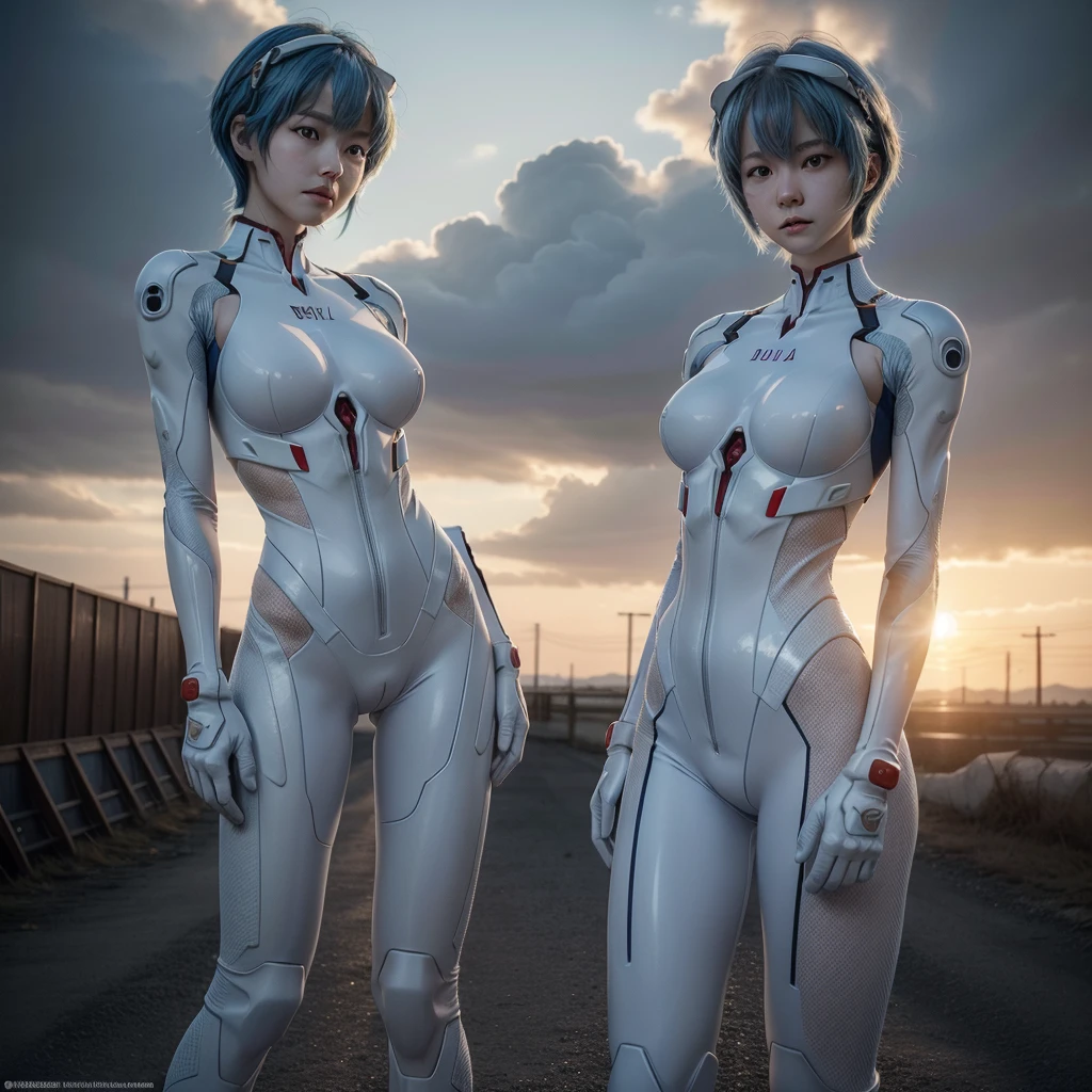 Rei Ayanami, recognized by her short blue hair and red eyes, stands in a city landscape under the soft glow of the sun filtered through clouds. She breaks the fourth wall, posing in a Cowboy Shot, her hands perfectly portrayed in a highly detailed CG. Her Plug Suit, a white bodysuit, is intricately designed and beautifully detailed, showcasing anatomical perfection. The suit, though broken, retains its pristine quality, making for an 8K wallpaper of unparalleled beauty and attention to detail, featuring Rei Ayanami's highly detailed face under perfect lighting. Her headgear adds an air of mystery to this, (Photorealistic:1.4), Japanese, (Beautiful:1.1), (One Woman:1.5)