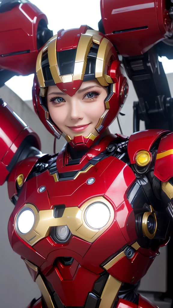 Textured skin, Super Detail, high details, High quality, Best Quality, hight resolution, 1080p, hard disk, Beautiful,(Iron Girl),Beautiful Smile,beautiful cyborg woman,Mecha Cyborg Girl,Battle Mode,Girl with a Mecha Body,She wears an Iron Man mech,powerful cyborg woman,