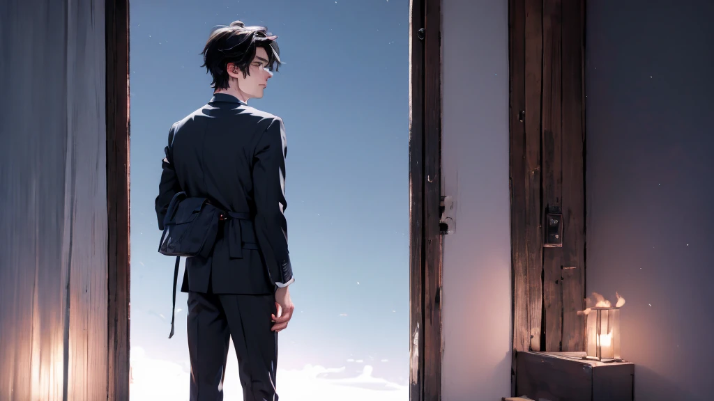 1 Boy, medium light black hair, light blue eyes, wearing black suit, night city, 18+ , high res, ultrasharp, 8K, masterpiece, looking from behind