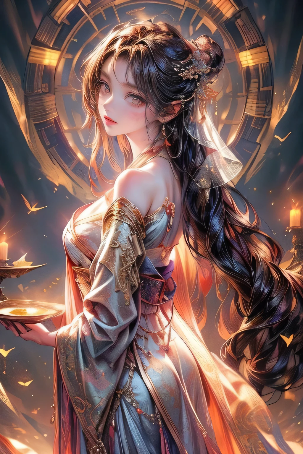 Masterpiece: 1.2, Highest Quality, Highres, 16k, Beautiful Detailed, Ultra-Realistic, Photo Realistic: 1.37, a beautiful and cute celestial maiden, take off hanfu robes and veil (bare shoulder, bare chest, strapless), detailed whole-body, beautiful detailed eyes, beautiful detailed lips, extremely detailed face, long eyelashes, flowing hair, elegant pose, fantasy shangri-la landscape background, glowing light, soft warm colors, cinematic lighting, intricate details, digital art