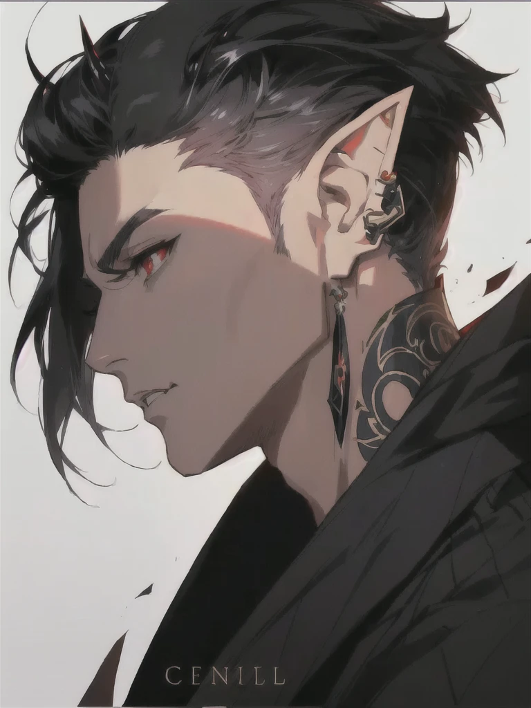 anime character with ear piercings and a black jacket, handsome guy in demon slayer art, a portrait of a male elf, handsome japanese demon boy, pale pointed ears, male anime character, a male elf, attractive humanoid, stunning anime face portrait, in the style of guweiz, demon horns, two black devil horns, two horns protruding from hair, large horns, striking appearance, masculine,  two horns sticking out from top of head, red eyes