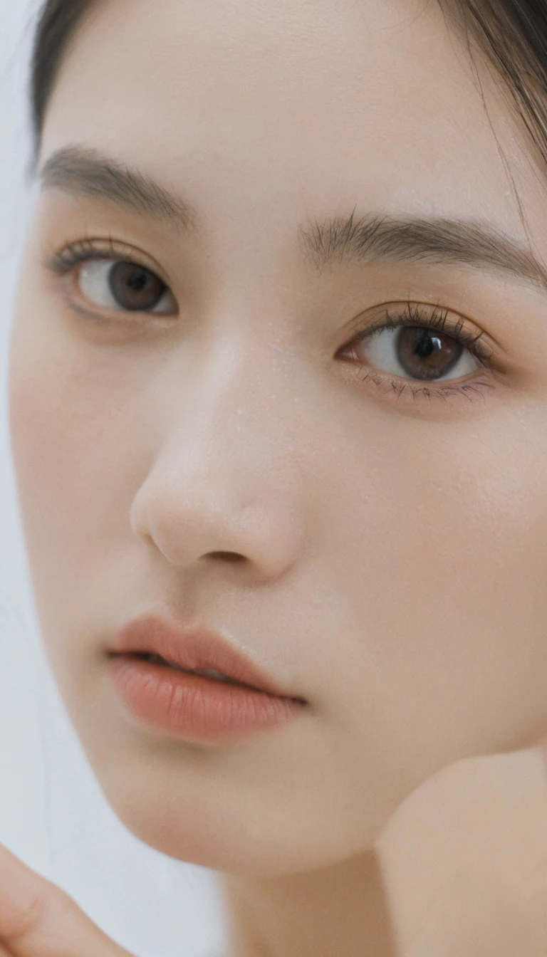 xxmixgirl, Analog Style, Eye focus, Highest quality, (Very detailed skin), Exquisitely beautiful white skin photos, 21 years old, Shortcuts、Perfect Face, Captivating eyes, (Seductive makeup: 1.3), Skin pores, (Bokeh:1.5), Sharp focus, Dappled Lighting, (Backlight), Film Grain, (Very detailed, Exquisitely crafted), 8k, High resolution, Front view, Studio Light, Very detailed顔, Fine grain, (double eyelid: 1.4), Aristogle, Brown eyes, (commercial: 1.6), (Seductive makeup), ((White studio background: 2))