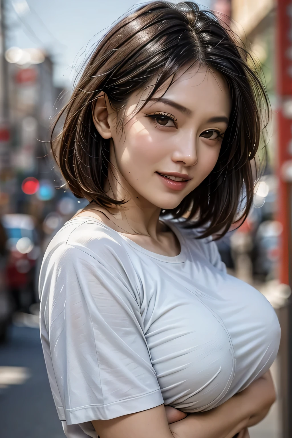 (8k, RAW Photos, Highest quality, masterpiece, Realistic, Realistic), (1 female), (The ultimate beautiful Japanese MILF), Highly detailed face, (Perfect Teeth), Beautiful Eyes, double eyelid, eyelash, ((smile)), Lip details, (Neat brunette bob), The light shines on your face, Big Breasts, ((T-Shirts)), (Upper Body), ((background: none))