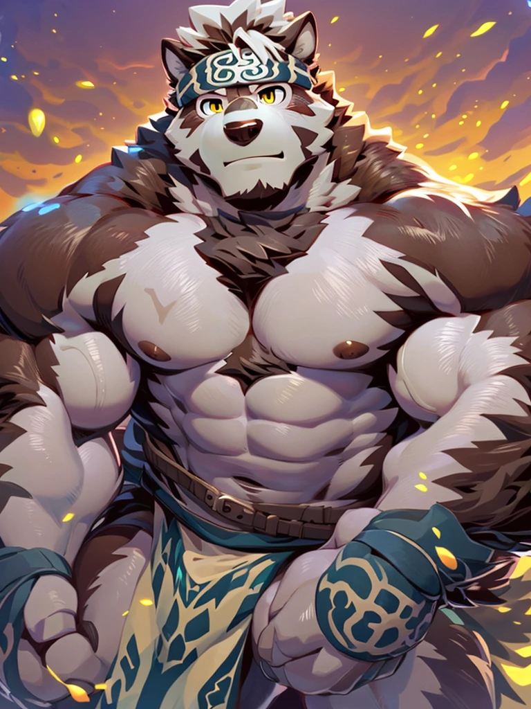 (by null-ghost),by pino daeni, (1 boy), One, Horkeu Kamui, Men's Second, kemono, hot body, muscle, Beautiful, sexual, Attractive guy, (Detailed yellow eyes), brows, (masterpiece, A high resolution, Best quality), 4K, a male, Horkeu Kamui, portrait, Beautiful shadow, pecs focus, nipples, loincloth,8 pack, muscular body, (Great physique), ((abs, strong muscle, 8 pack))