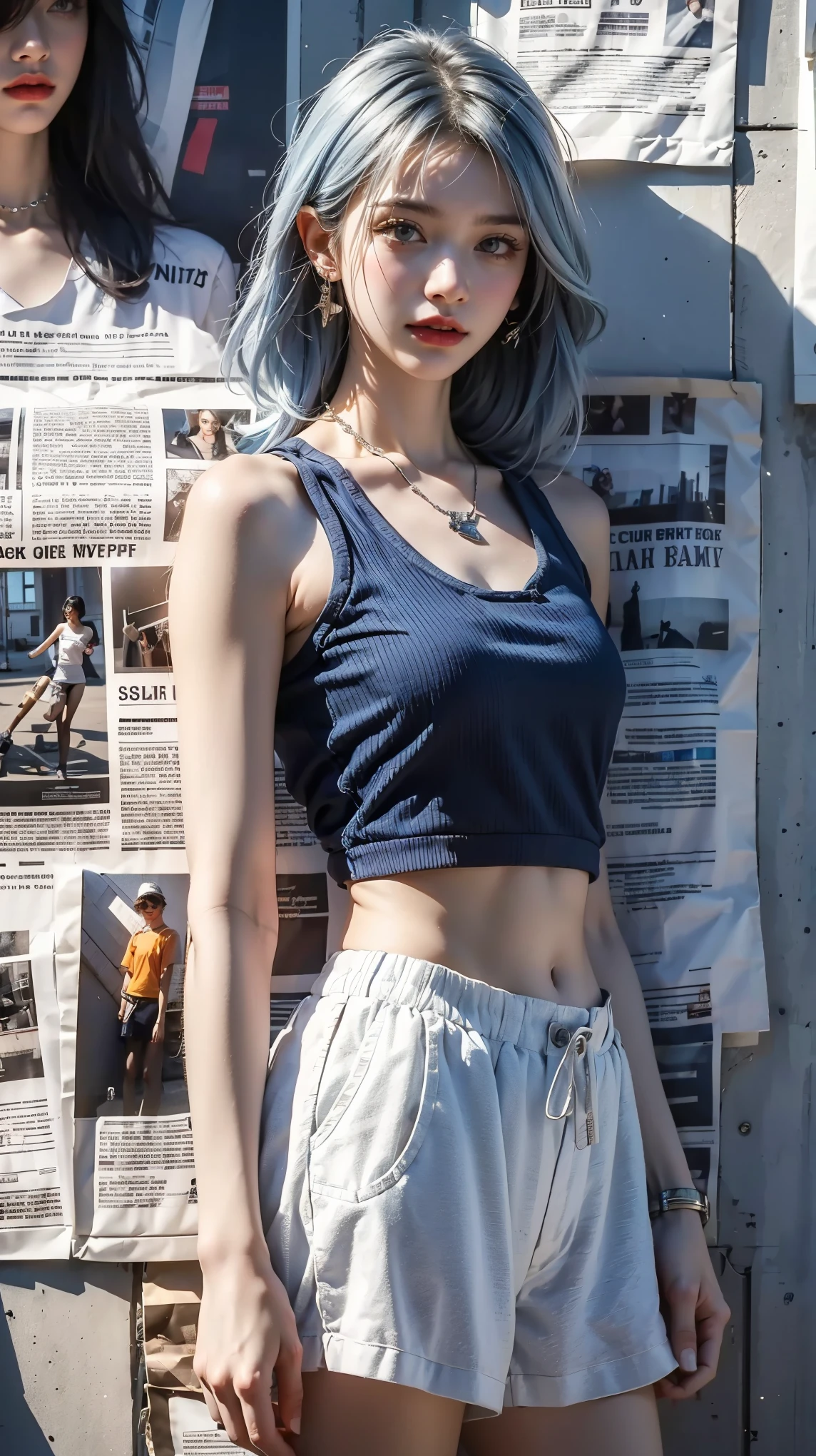 1 Girl,Solitary,permanent,(White|blue|slope_hair),Jewelry,earrings, necklace,{JK}, Newspaper wall,Medium breasts,Clothes Writing,, Extremely detailed, 8k wallpaper, Very detailed, best quality,Sportswear,Julia
