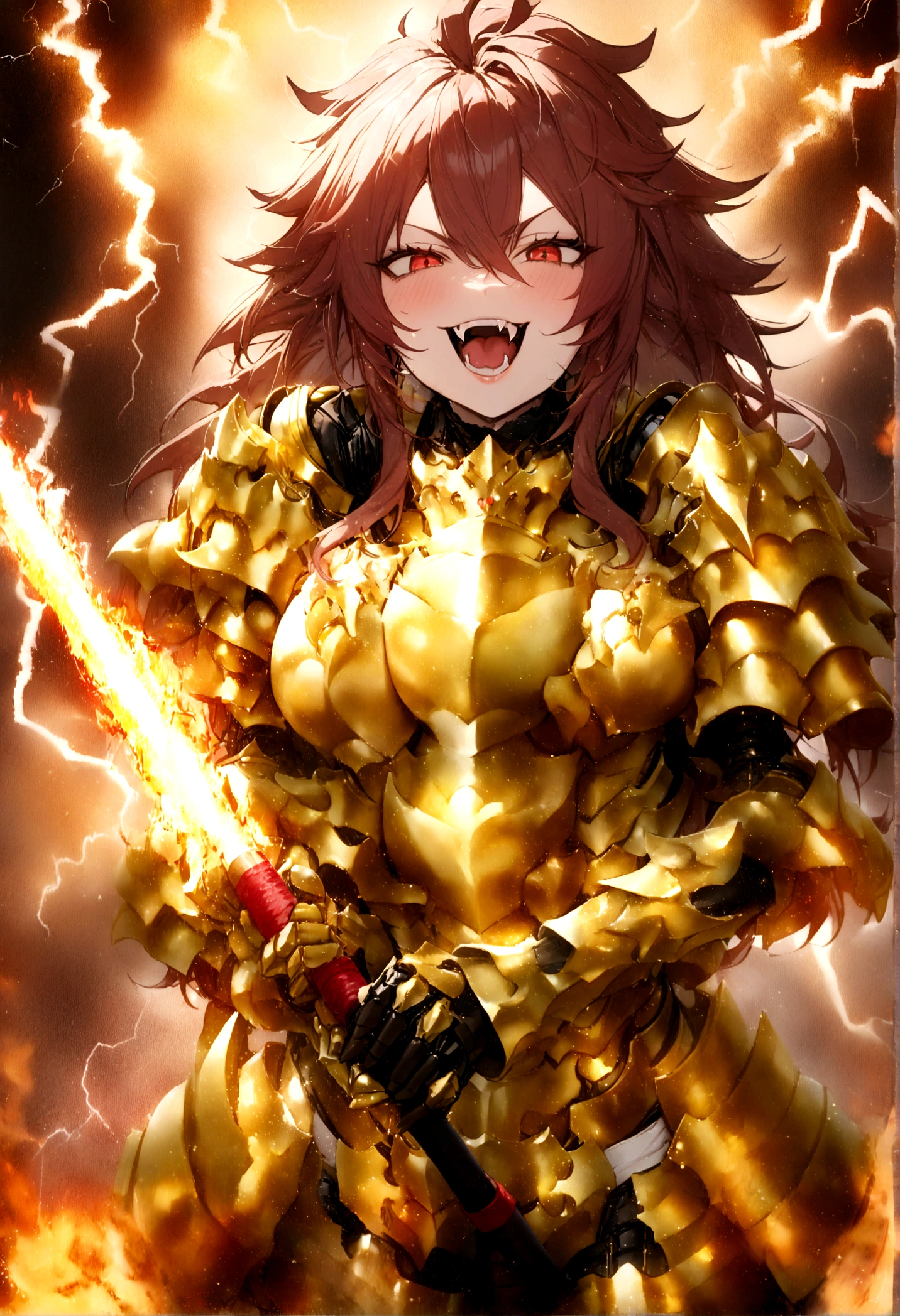 ((Lightning Power)), ((Electricity)), ((Fire Background)), ((Lightning Storm)), ((Power Erupting)), ((((android 21 Evil)))), (((Evil Power))), (((white Coat))), (((Busty))), (((((Big breast:1,3)))), luxury bustier corset, (((silver hair))), (((Very slim waist))), propotional body, ((Gorgeous)), (((Fire Blazing Horns))), ((((gold wings))), masterpiece, hyperdetail, ambient effect, digital effect, (((Fangs))), (((FIRE SWORD)), (((Lightning Sword))), (((Fire Gold Armor))), (((Lightning Gold Wings)))