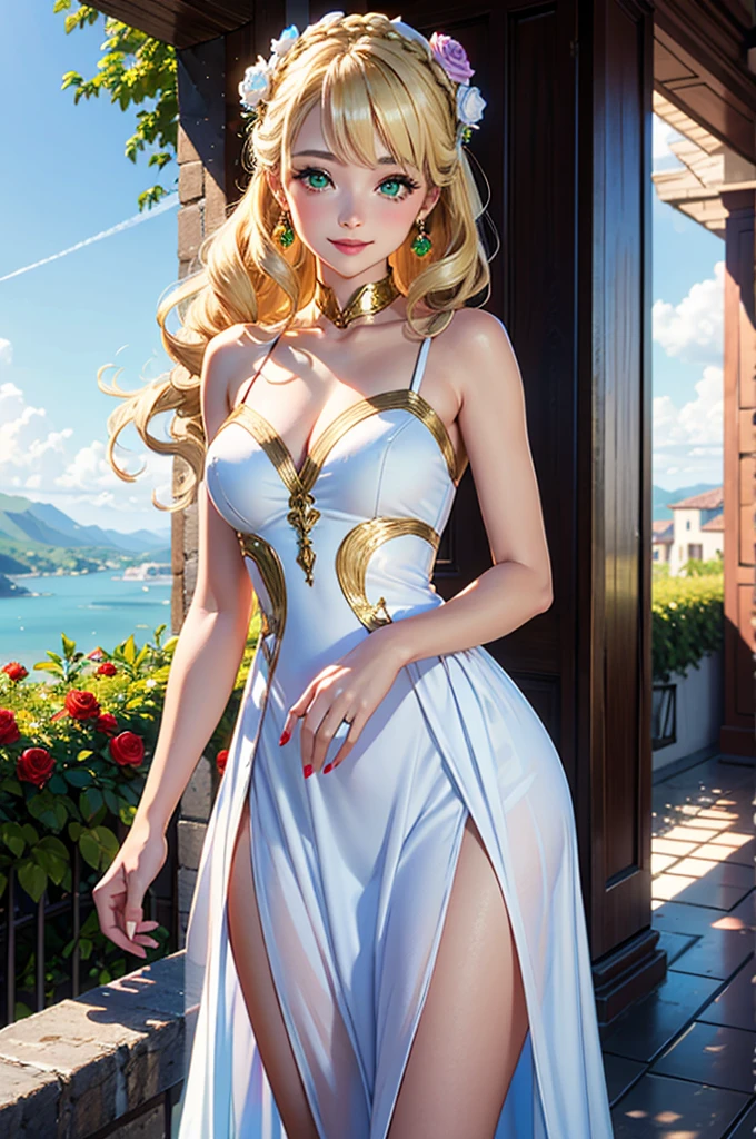 1girl, elaborate blonde updo hairstyle with bangs, almond shaped green eyes, wearing a white regency inspired dress with simple gold, and flower accessories, slight makeup, rose lipgloss, smiling softly, absurdres, high res, ultrasharp, 8k, masterpiece, standing on a terrace, infront of a beautiful landscape, vibrant blue sky in the background