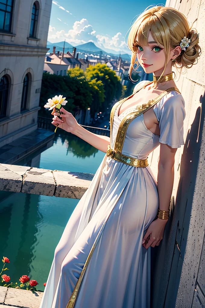 1girl, elaborate blonde updo hairstyle with bangs, almond shaped green eyes, wearing a white regency inspired dress with simple gold, and flower accessories, slight makeup, rose lipgloss, smiling softly, absurdres, high res, ultrasharp, 8k, masterpiece, standing on a terrace, infront of a beautiful landscape, vibrant blue sky in the background
