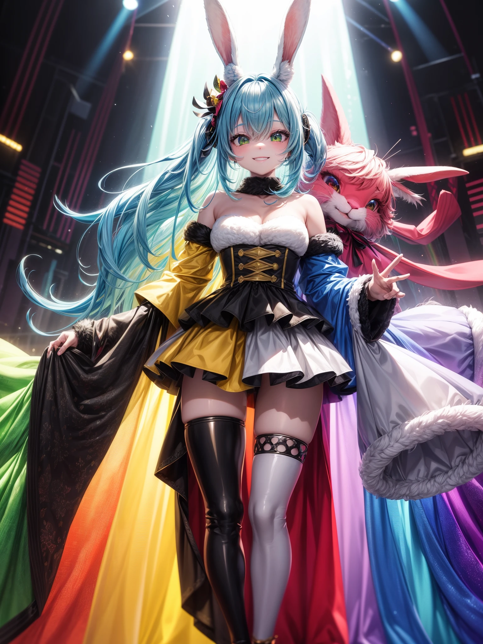 fur、Humanoid、cute、Furry、Female Focus、solo、rabbit、Score 9、Score 8 up、male、whole body、Digital Art、Very detailed、lv1rubyi、whole body、smile、Staring at the audience、colorful、rainbow、red、green、yellow、black、white、Stand facing the audience、panoramic