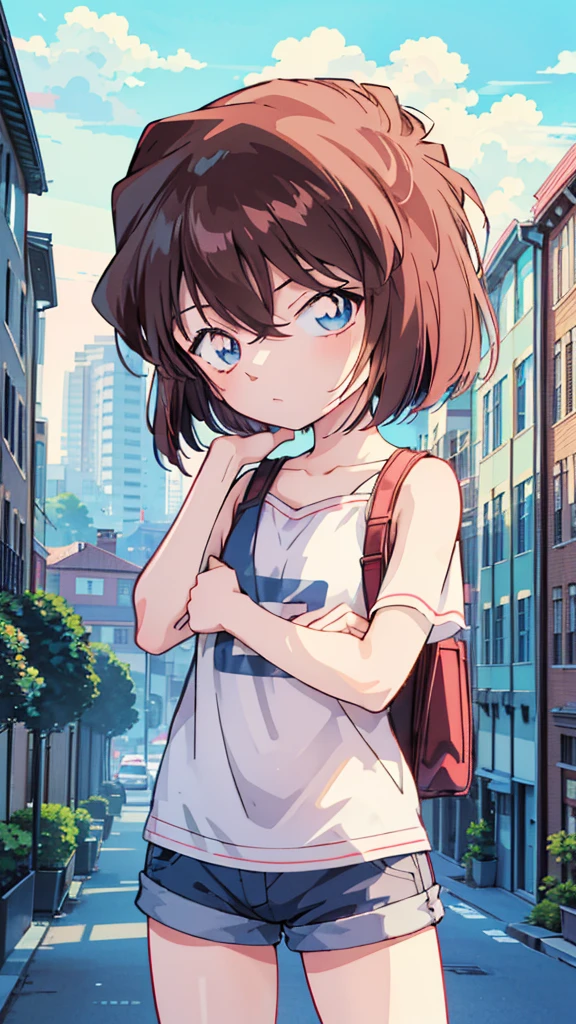 anime style, (1girl in, Solo:1.0), (Haibara Ai), ((Short pants)), (((Big eyes))), (Cute anime girl head), (flat chest),looking at viewer,With a height of 100cm, shoot from front, (head shot), Simple line minimalism, Abstract Art, City background