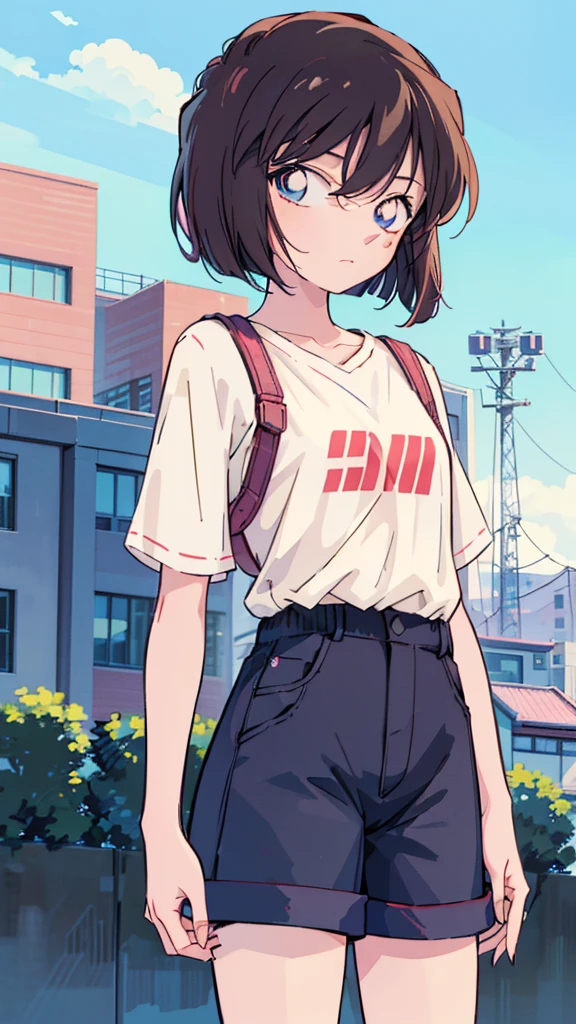 anime style, (1girl in, Solo:1.0), (Haibara Ai), ((Short pants)), (((Big eyes))), (Cute anime girl head), (flat chest),looking at viewer,With a height of 100cm, shoot from front, (head shot), Simple line minimalism, Abstract Art, City background