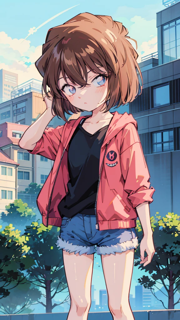 anime style, (1girl in, Solo:1.0), (Haibara Ai), ((Short pants)), (((Big eyes))), (Cute anime girl head), (flat chest),looking at viewer,With a height of 100cm, shoot from front, (head shot), Simple line minimalism, Abstract Art, City background