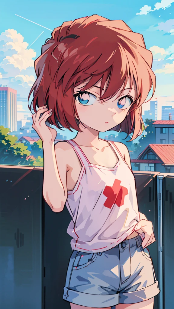 anime style, (1girl in, Solo:1.0), (Haibara Ai), ((Short pants)), (((Big eyes))), (Cute anime girl head), (flat chest),looking at viewer,With a height of 100cm, shoot from front, (head shot), Simple line minimalism, Abstract Art, City background
