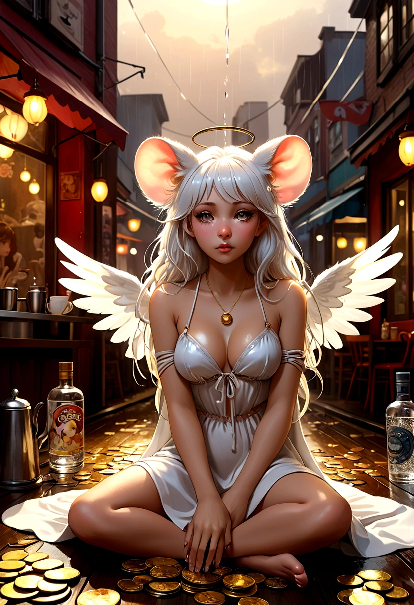 Mucha style , Hallucination, daydream , nightmare , Insane Dream , bokeh , erotica , realistic female mouse , (Cleavage:0.9) , realistic long nose , cafe de oni , Coins, Rubber Bands, and a Reversal of Innocent , Lost Dog and Beat of the Rain , A bad dream of dolls lined up , As God Says , In order to become an angel, I was secretly kind to everyone every day , Coin Magic move , It’s nine o’clock on a Saturday,The regular crowd shuffles in There’s an old man sitting next to me , Making love to his tonic and gin