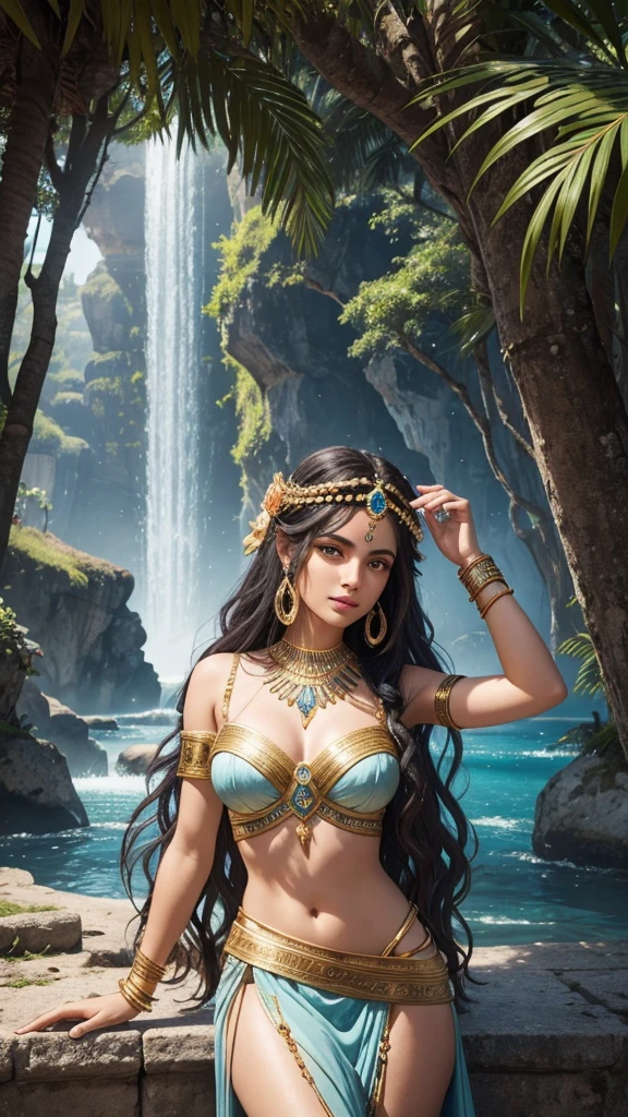 best quality, masterpiece, absurdres, ancient India, 2 Ancient beautiful sexy Indian women, 2 women, royal, detailed face, ancient traditional cyberpunk Indian village, long lost Indian fantasy, ancient cyberpunk Indus valley civilization, lotus, water pools, idols, temples