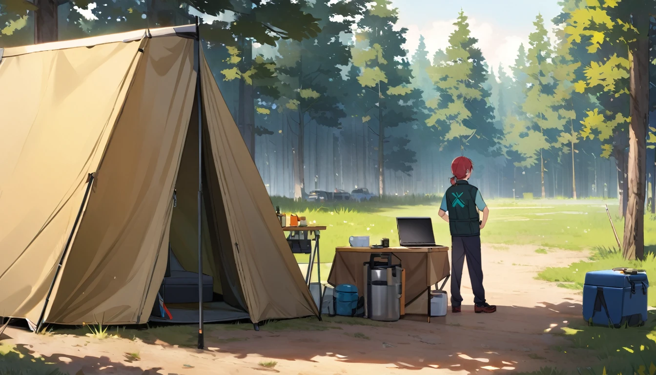 camp site, Work clothes,I&#39;m cooking,Blur the background,High school girls,ponytail,smile,Glitter effect,Highest quality, 4K, 8k, High resolution, masterpiece:1.2, Very detailed, Realistic:1.37, High resolution, 超High resolution, Ultra-fine painting, Sharp focus, Physically Based Rendering, Very detailedな説明, Professional, Vibrant colors