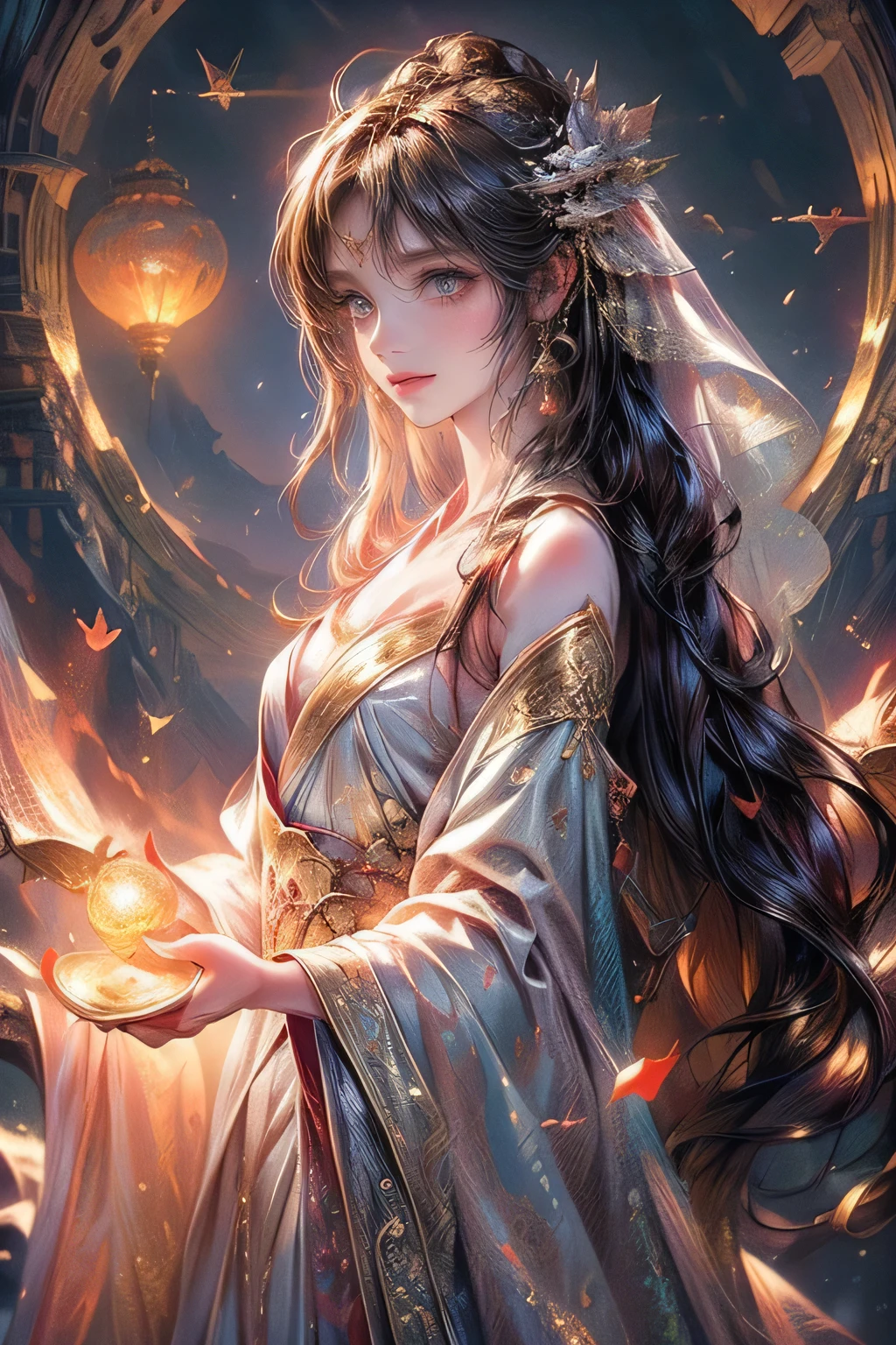 Masterpiece: 1.2, Highest Quality, Highres, 16k, Beautiful Detailed, Ultra-Realistic, Photo Realistic: 1.37, a beautiful and cute celestial maiden, take off hanfu robes and veil (bare shoulder, bare chest, strapless), detailed whole-body, beautiful detailed eyes, beautiful detailed lips, extremely detailed face, long eyelashes, flowing hair, elegant pose, fantasy shangri-la landscape background, glowing light, soft warm colors, cinematic lighting, intricate details, digital art