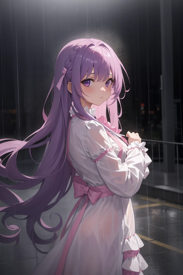 A girl, looking at viewer, long purple hair, standing in the rain, sad, white idol costume, pink ribbon, frill, her hair and clothes are soaked from the rain, rainy cityscape, with raindrops falling around her. The overall mood is melancholic but serene.