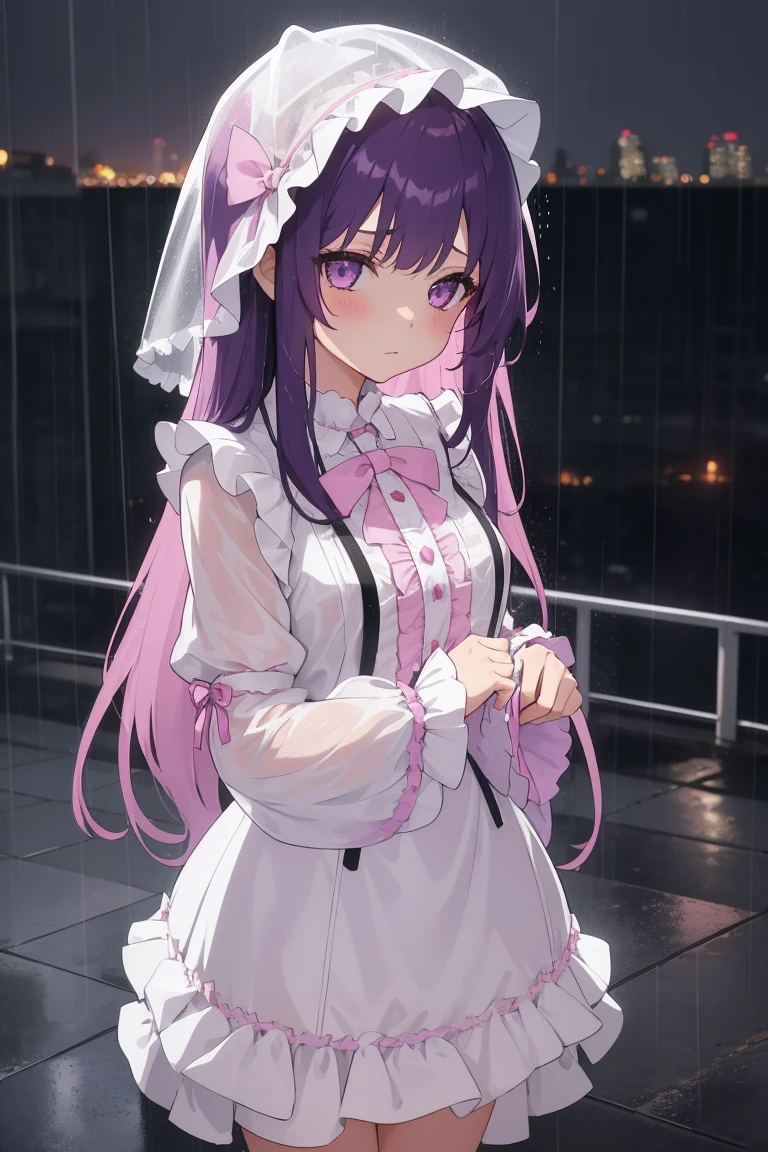 A girl, looking at viewer, long purple hair, standing in the rain, sad, white idol costume, pink ribbon, frill, her hair and clothes are soaked from the rain, rainy cityscape, with raindrops falling around her. The overall mood is melancholic but serene.